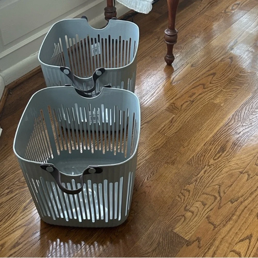 Scandinavian Light Gray Storage Basket Leather Handles Rounded Square